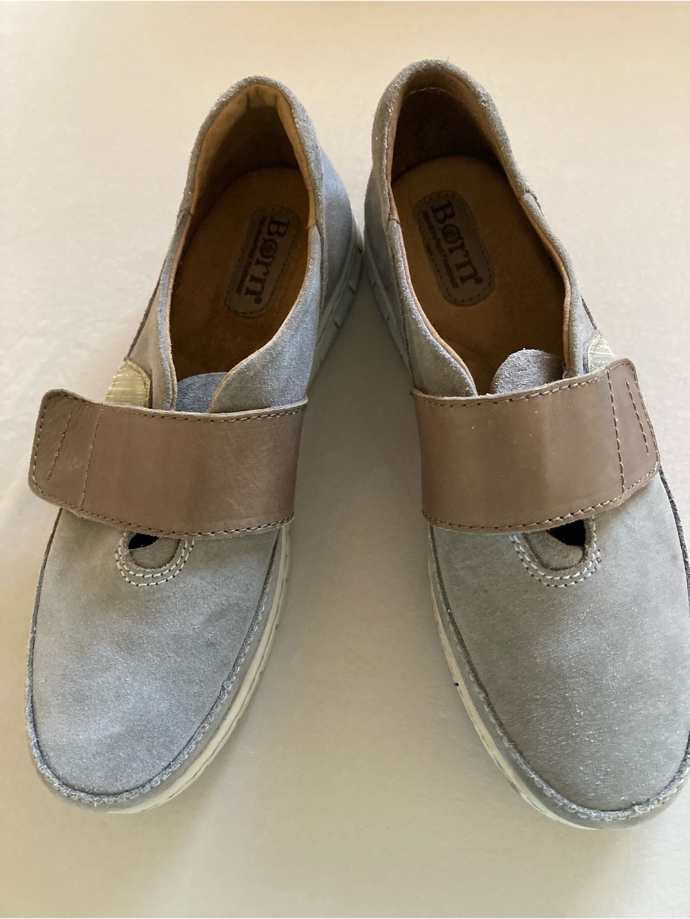 Born Morganite Woman’s Light Gray Suede Slip-On with Tan Leather Strap